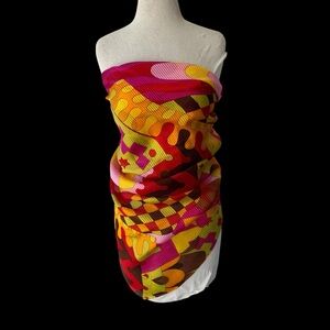 Vtg St John Silk Scarf 43” Sq Rolled Edge Colorful Geo Metallic Print Sheer 80s